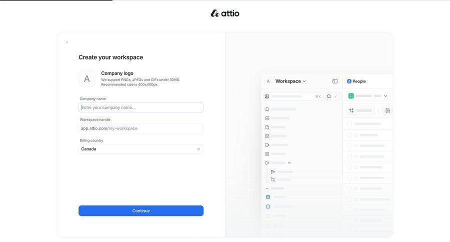 Attio
			 collaboration onboarding form file upload workspace creation create menu ui page example