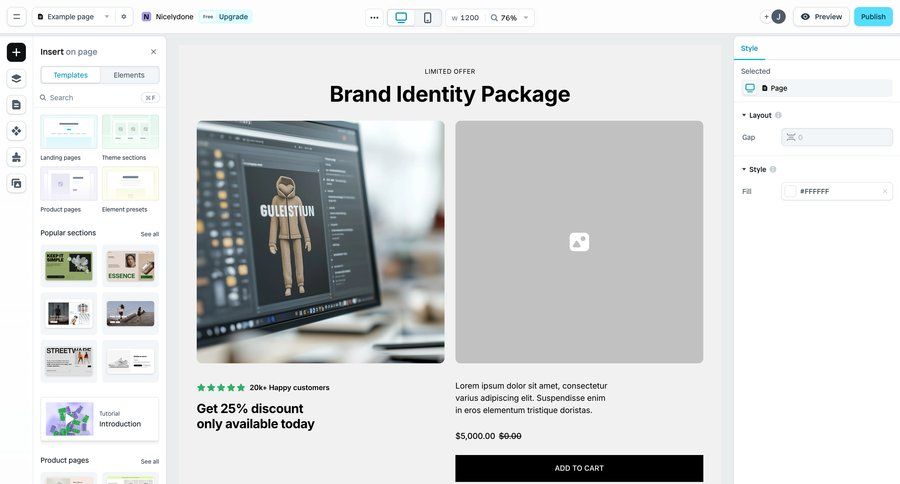 Instant
			 e-commerce editor design customize style customization template selection free templates sidebar ui page example