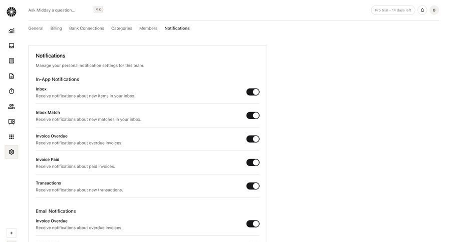 Midday
			 configuration settings finance preferences notification settings ui page example