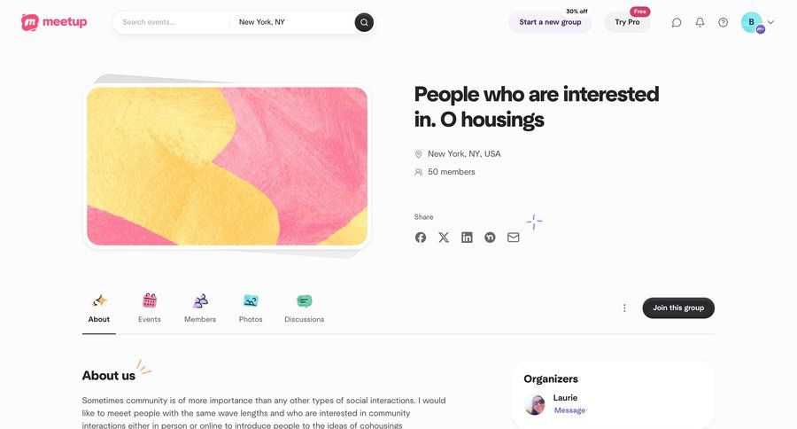 Meetup
			 hierarchical content call to action user profile navigation bar progress modern ui page example