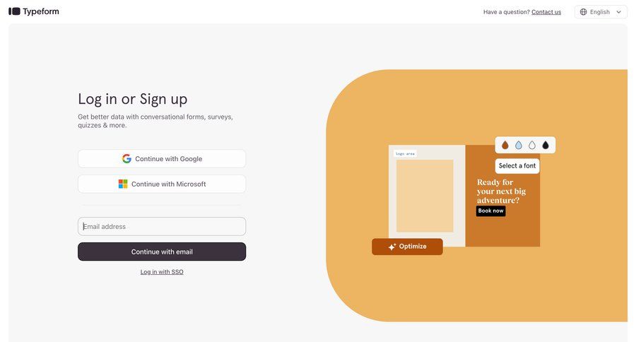 Typeform
			 split screen authentication login signup ui page example