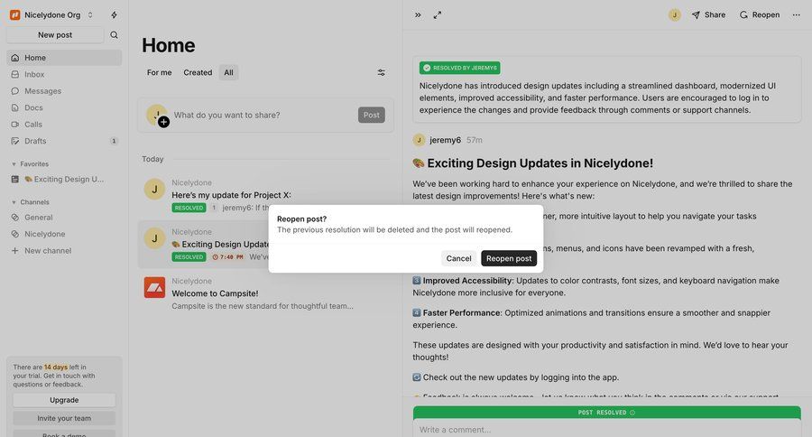 Campsite
			 modal screen collaboration sidebar navigation confirmation modal confirmation rounded corners dashboard notification sidebar alert message system notification push notification notification center menu recent activity social feed newsfeed activity stream dashboard layouts check out comment mode sharing ui page example
