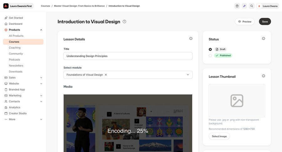 Kajabi
			 content management sidebar navigation form file upload automation setup save changes course creation typography sidebar menu upload file progress modern dashboard layouts avatar upload rich text ui page example