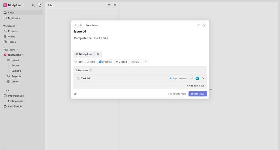 Linear
			 task management modal screen sidebar navigation project management form hierarchical content issue tracking minimalist design inbox new create modern ui page example