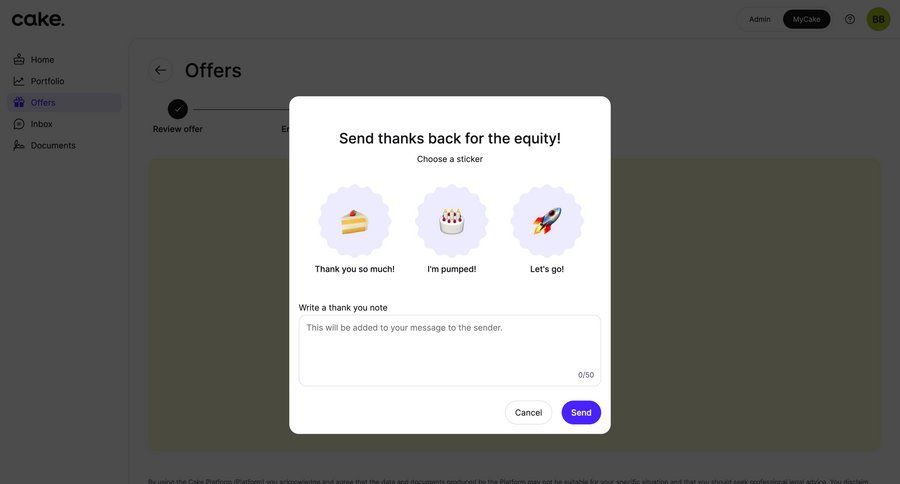 Cake
			 finance cancel action communication ui page example