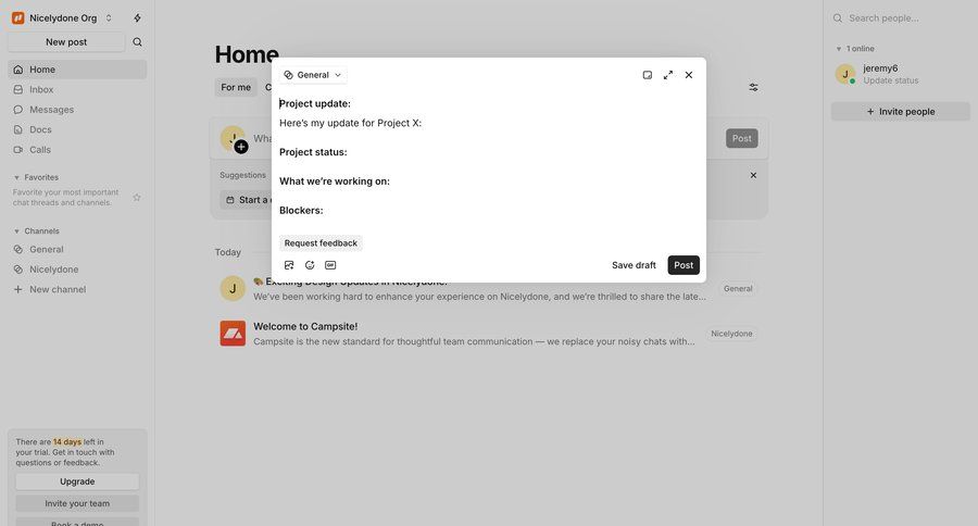 Campsite
			 team collaboration dashboard sidebar navigation project management modal dialog right sidebar channel management sidebar communication chat messages menu recent activity social feed newsfeed activity stream chat interface search suggestions suggestion ui page example