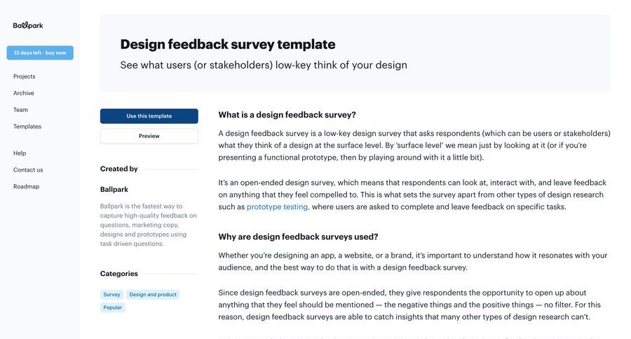 Ballpark
			 sidebar navigation user research template library feedback collection template customization template selection free templates call to action sidebar accordion ui page example