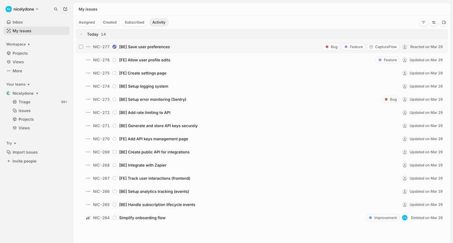Linear
			 project management task management audit log ui page example