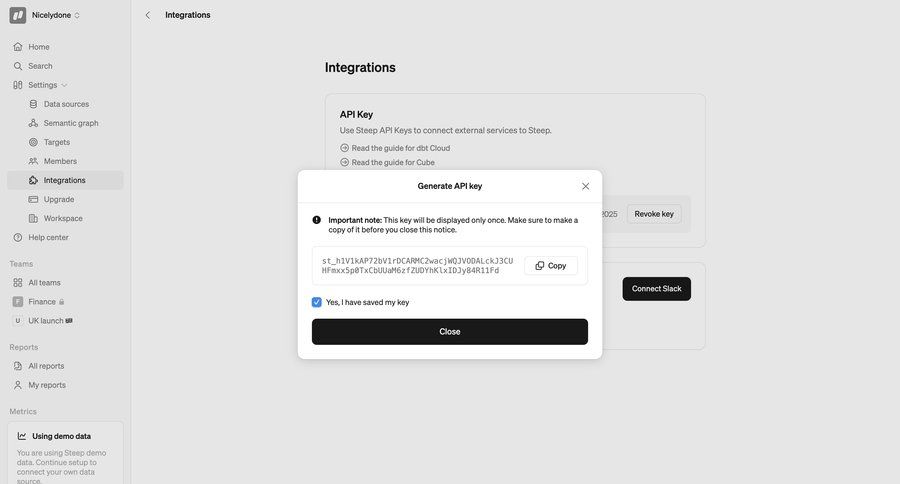 Steep
			 settings sidebar navigation onboarding form integration setup data analytics api management integration connect service configuration screen ui page example
