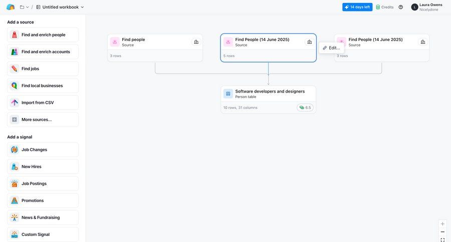 Clay
			 workflow workflow management data analysis workflow creation drag and drop workflow screen sidebar data import create data visualization business intelligence ui page example