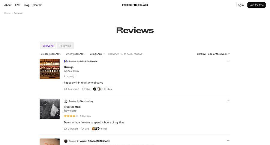 Record club
			 filter controls lists social feed review controls ui page example