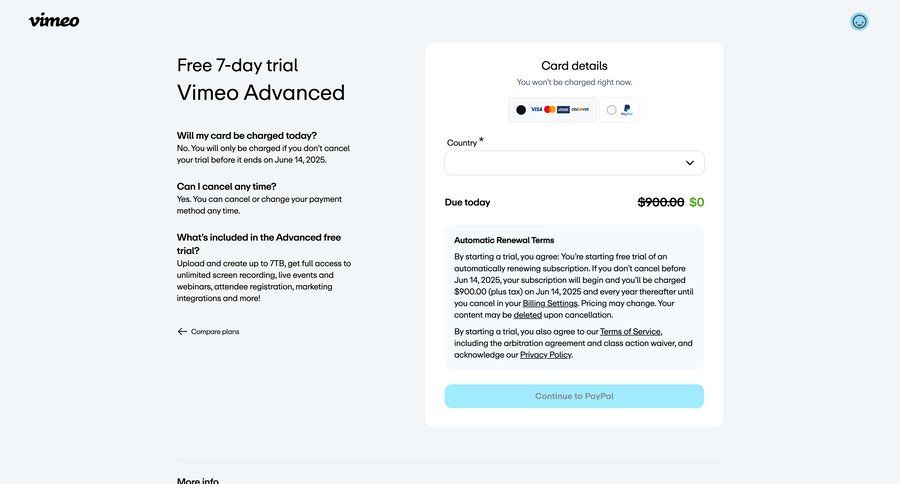 Vimeo
			 form subscription management free trial payment options payment processing ui page example