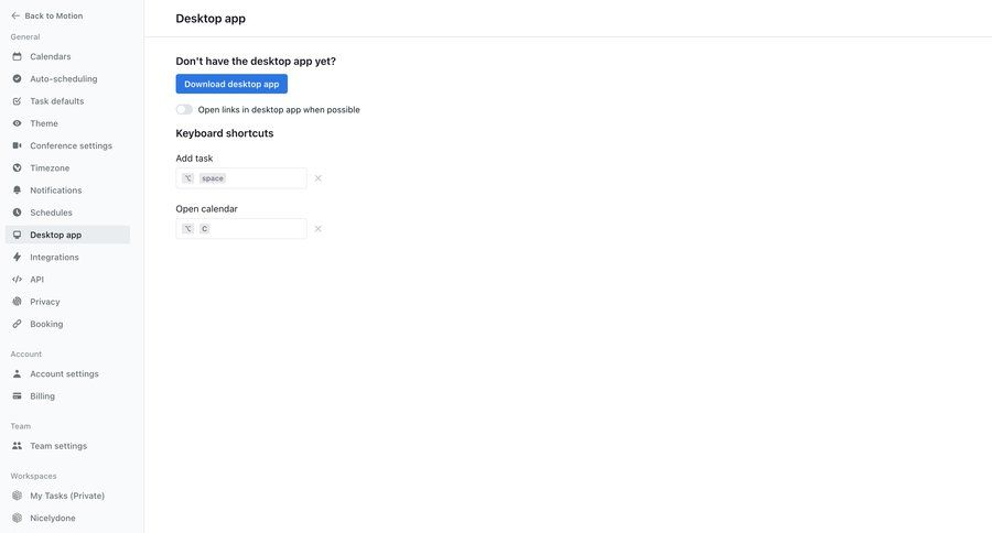Motion
			 configuration settings sidebar navigation customize account settings sidebar desktop download keyboard shortcuts shortcuts timezone selector ui page example