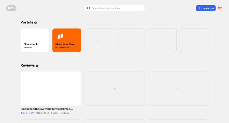 WeTransfer
			 content management dashboard grid user feedback document list lists search bar review card layout ui page example