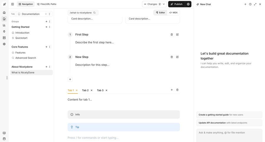 Documentation.AI
			 content management collaboration editor right sidebar three-column grid ai assistance sidebar message chat navigation bar documentation chat interface modern contextual help version control ui page example