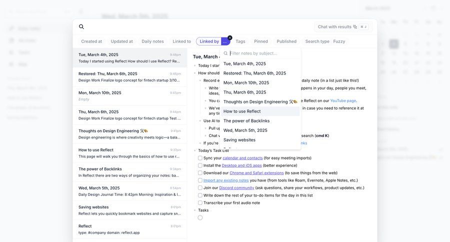 Reflect
			 modal screen chrome extension lists filter options product update task management dashboard search bar autocomplete search results search menu ui page example