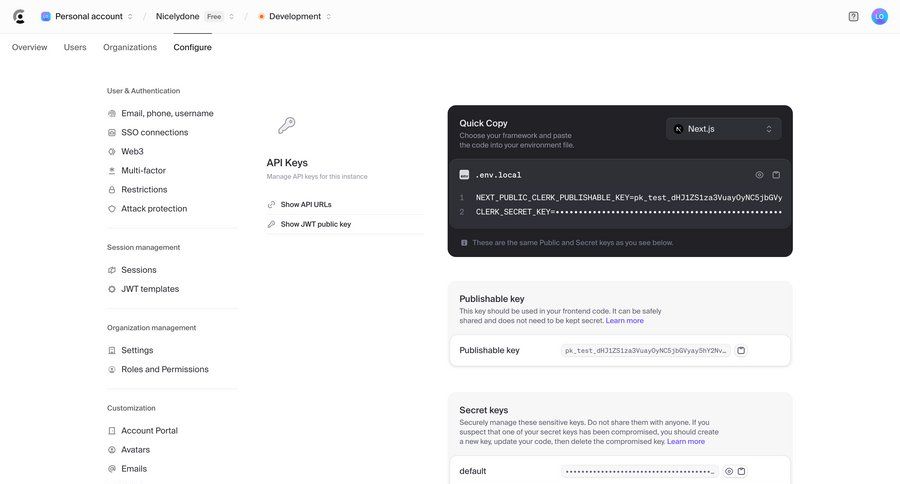 Clerk
			 modal screen configuration settings sidebar navigation authentication organization management user permissions sidebar security quick keys modern code snippet ui page example