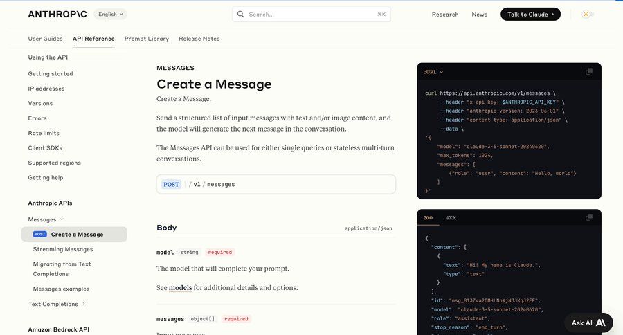 Anthropic
			 artificial intelligence user role sidebar messages doc documentation docs prompt completion code snippet ui page example