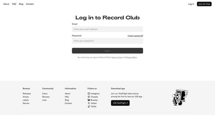 Record club
			 form user authentication account creation authentication login connection auth signin sign in log in login page ui page example