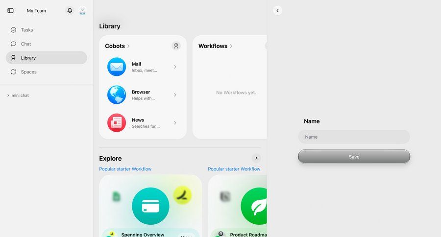 Cobot
			 sidebar navigation workflow management bot builder ui page example