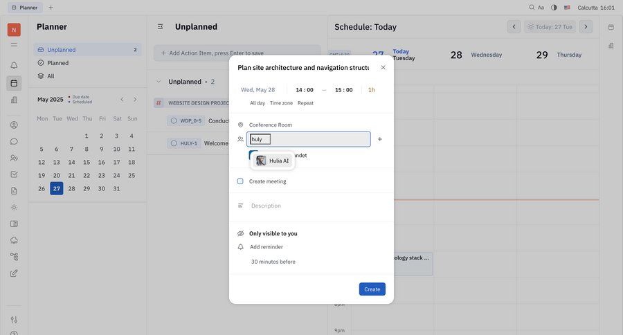Huly
			 task management modal screen sidebar navigation grid scheduling meetings calendar screen sidebar autocomplete ui page example