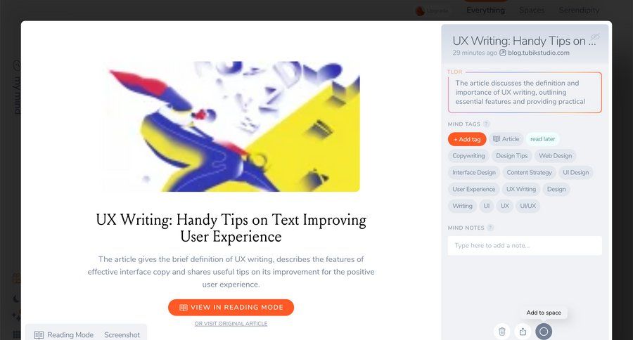 Mymind
			 content management design knowledge base tagging rounded corners editorial blog post news article article feature article mobile modern summary ui page example