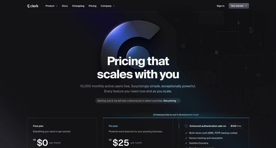 Clerk
			 coming soon free plan user role features management audit log service plans pricing plans subscription plans payment options product packages changelog payment page payment confirmation pricing packages pricing calculator ui page example