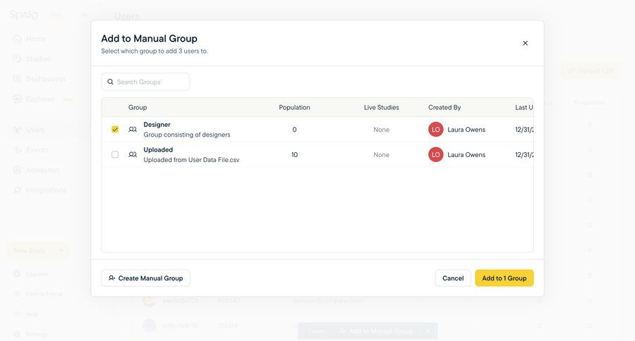 Sprig
			 modal screen user management modal interaction file upload modal upgrade modal bulk edit insight collaborators group members table ui page example