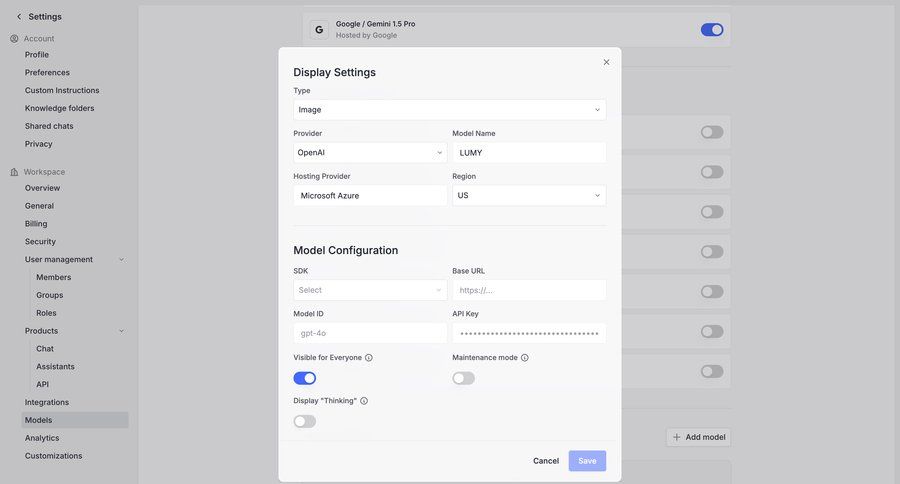 Langdock
			 modal screen configuration settings artificial intelligence form save changes machine learning cancel changes ui page example