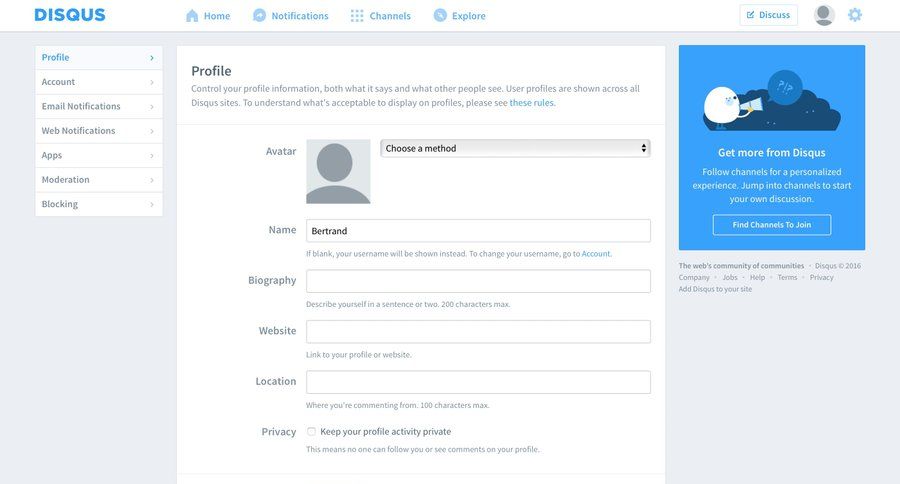 Disqus
				settings page example