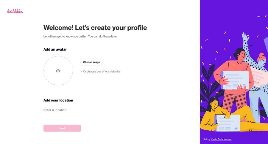 Dribbble
				onboarding page example