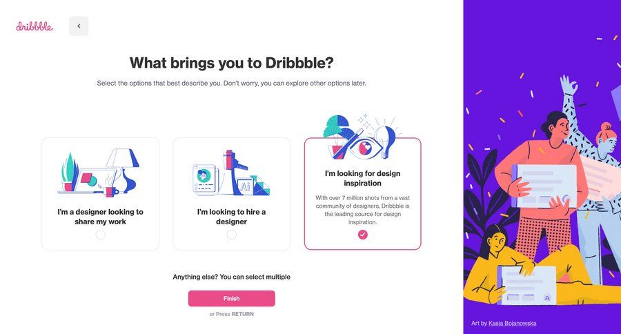 Dribbble
				onboarding page example