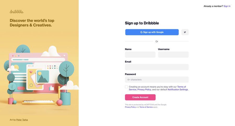 Dribbble
				signup page example