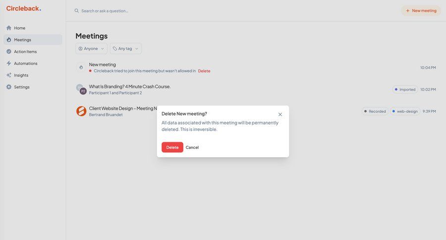 Circleback
			list filters modal & popover delete delete confirmation sidebar ui page example