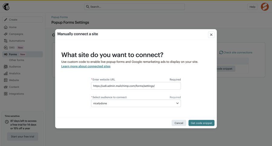 Mailchimp
			 configuration form trial banner configuration screen code snippet ui page example