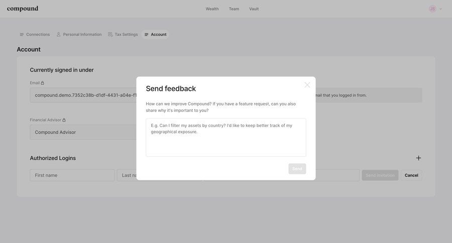 Compound Planning
			share feedback settings account management form finance account settings user account user feedback send invitation ui page example