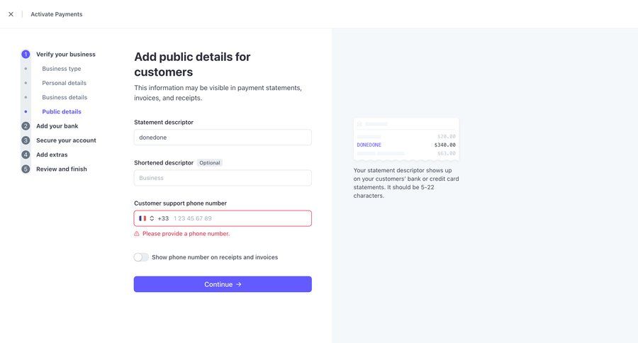 Stripe
			 modal screen e-commerce onboarding form account setup fintech customer communication payment processing ui page example