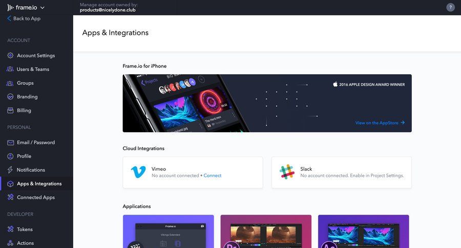 Frame.io
			 sidebar settings sidebar navigation account management account settings account setup integration management cloud integrations ui page example