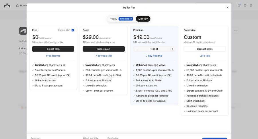 The org
			 modal screen plan comparison free trial features summary card layout ui page example