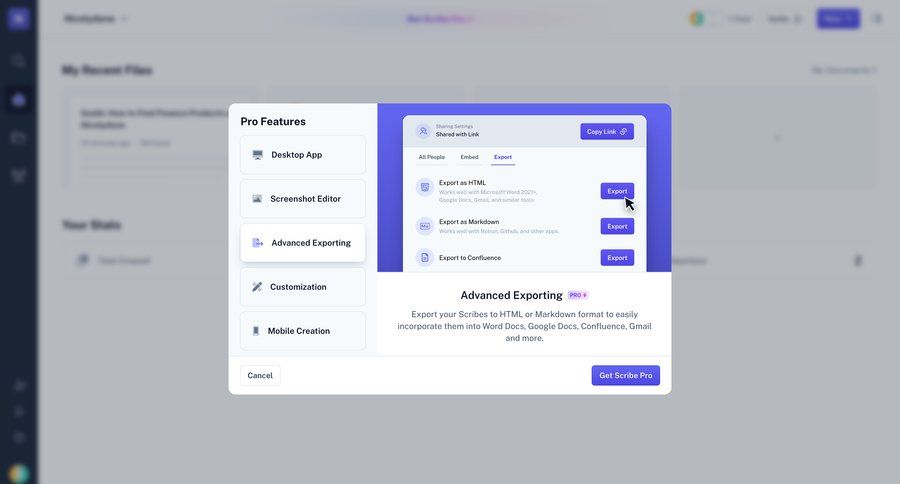 Scribe
			 modal screen content management collaboration export document editing document management content sharing upgrade modal pay paywall modern markdown editor ui page example