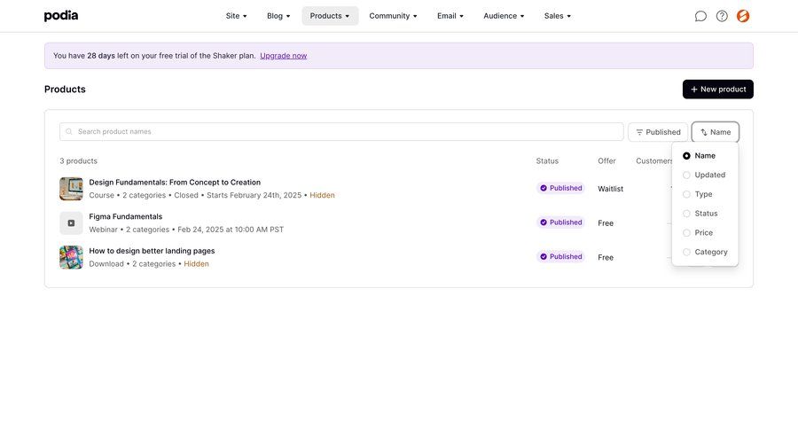 Podia
			 e-commerce grid free trial lists sorting filters table search bar controls ui page example