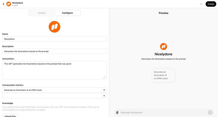 ChatGPT
			 configuration artificial intelligence form split screen file upload instructions preview panel natural language processing machine learning message create upload file file upload ui configuration screen ui page example