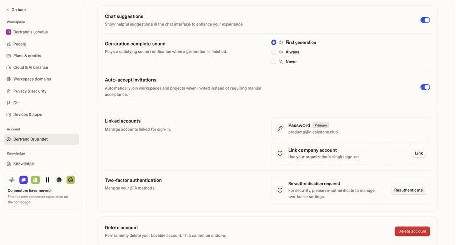 Lovable
			 settings account management form account setup user settings workspace settings workspace management account settings account deletion user account integration management sidebar security navigation bar ui page example