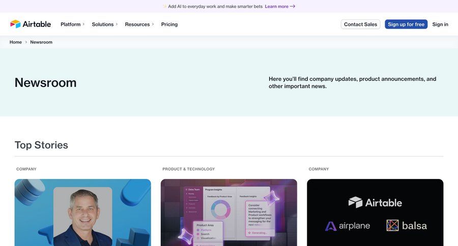 Airtable
			news about & company mission new announcement customer stories data grid news feed media assets press release global search ui page example