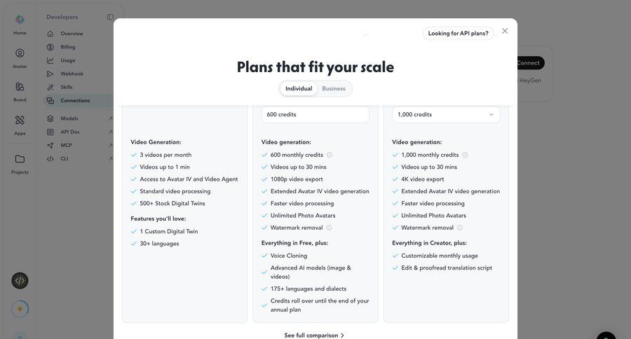 HeyGen
			 saas pricing upgrade modal subscription plans ui page example