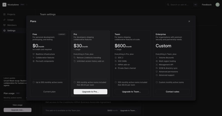 Liveblocks
			 plan comparison saas pricing upgrade modal subscription plans ui page example