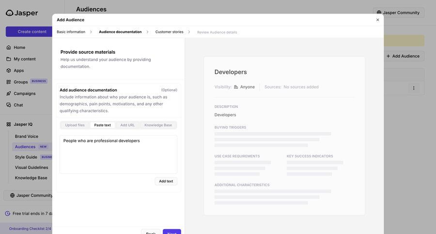 Jasper
			 settings artificial intelligence onboarding form user research data analysis audience management create upload file ui page example