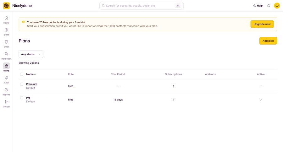 Outseta
			 sidebar navigation account setup subscription management full-screen layout plan comparison alert table ui page example