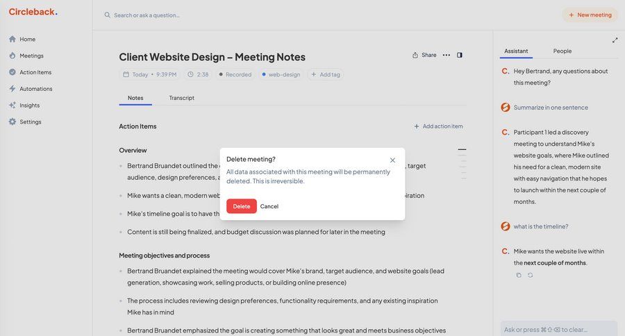 Circleback
			 collaboration confirmation cancel deletion sidebar meeting transcript ui page example