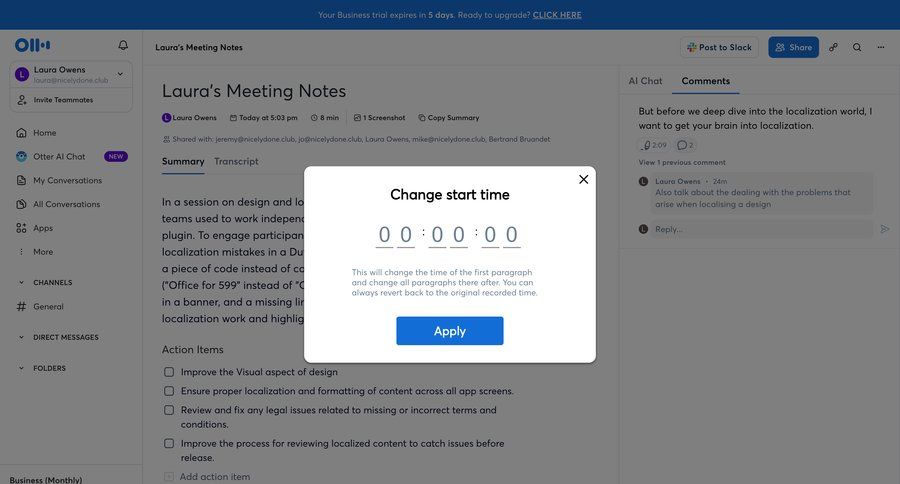 Otter
			 modal screen collaboration configuration form modal interaction upgrade modal call transcript time picker tips meeting transcript localization time management ui page example